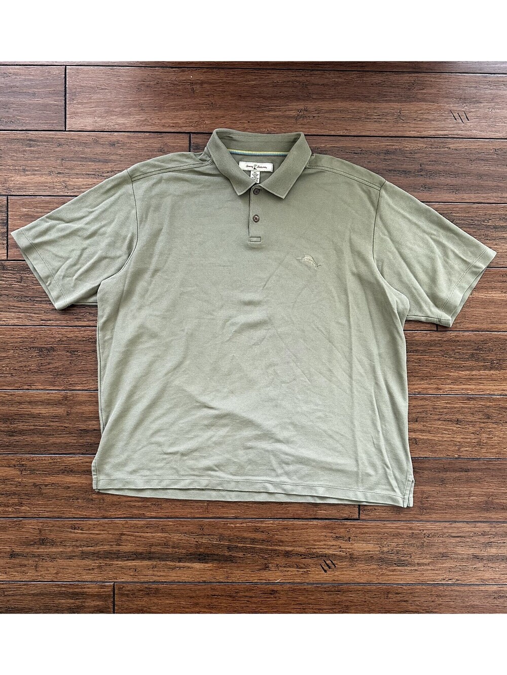 Tommy Bahama Polo Shirt Mens 2XL Green Solid Casual Pique Knit Wood Buttons